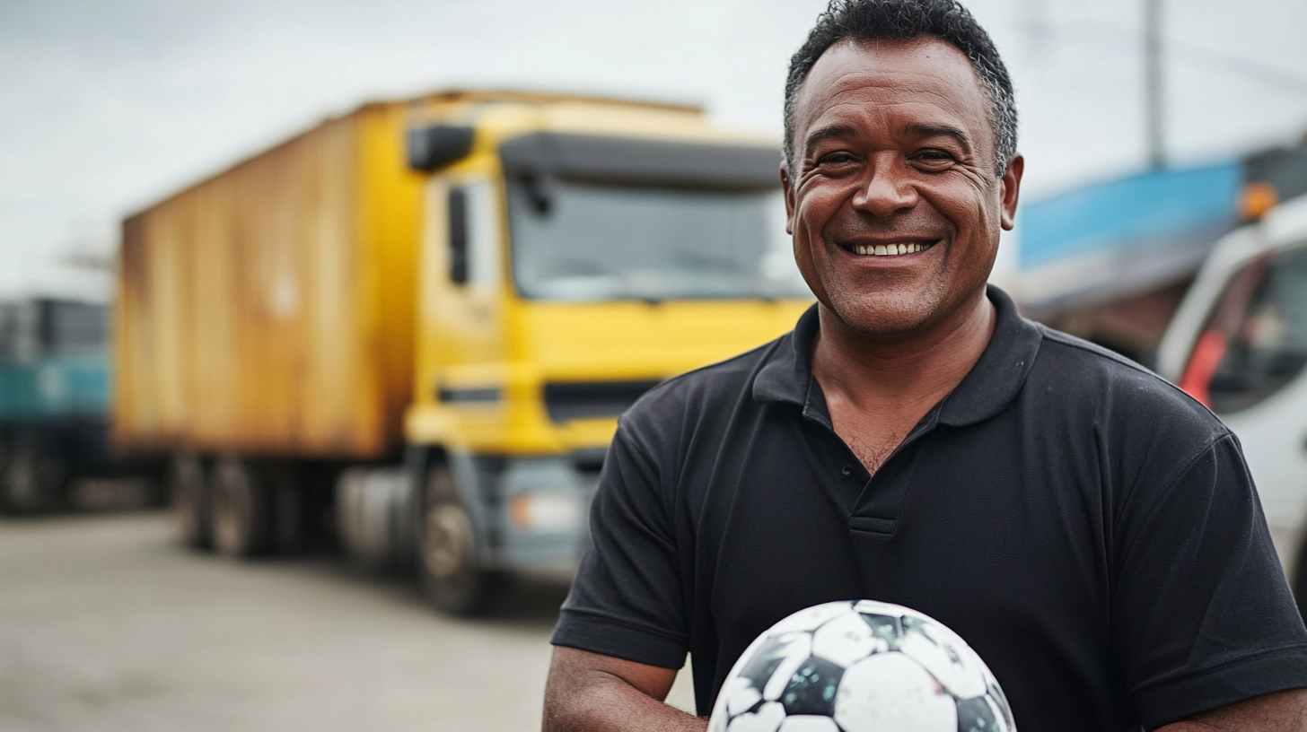 Brazilian man, 50, smiling, playing soccer, Mercedes-Benz trucks.