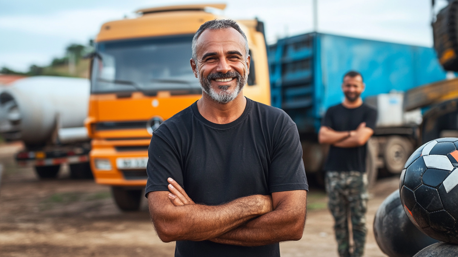 Brazilian man aged 50 smiling, playing soccer. Black shirt.