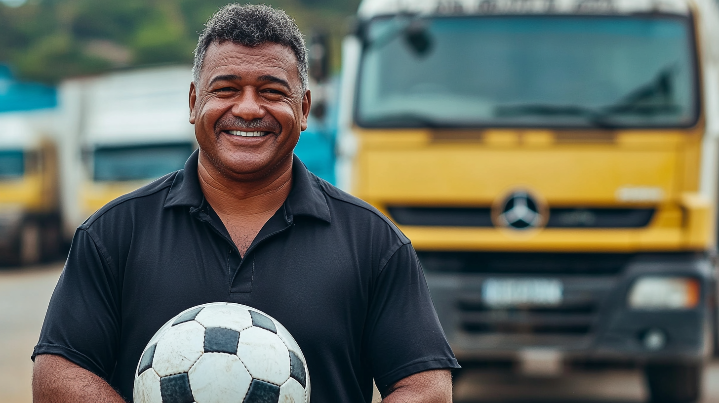 Brazilian man smiling with soccer ball at stadium camera.