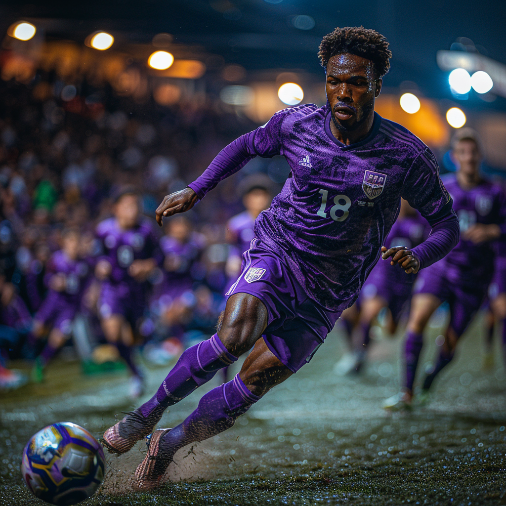 Brazilian midfielder wearing purple Fiorentina jersey, running with ball.