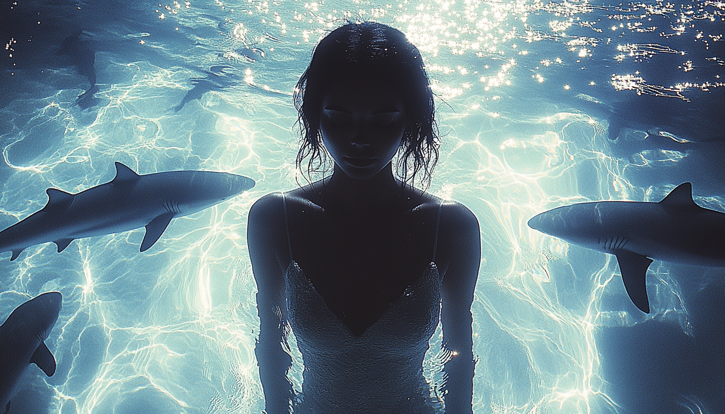 Brazilian woman in water with floating sharks and flowers