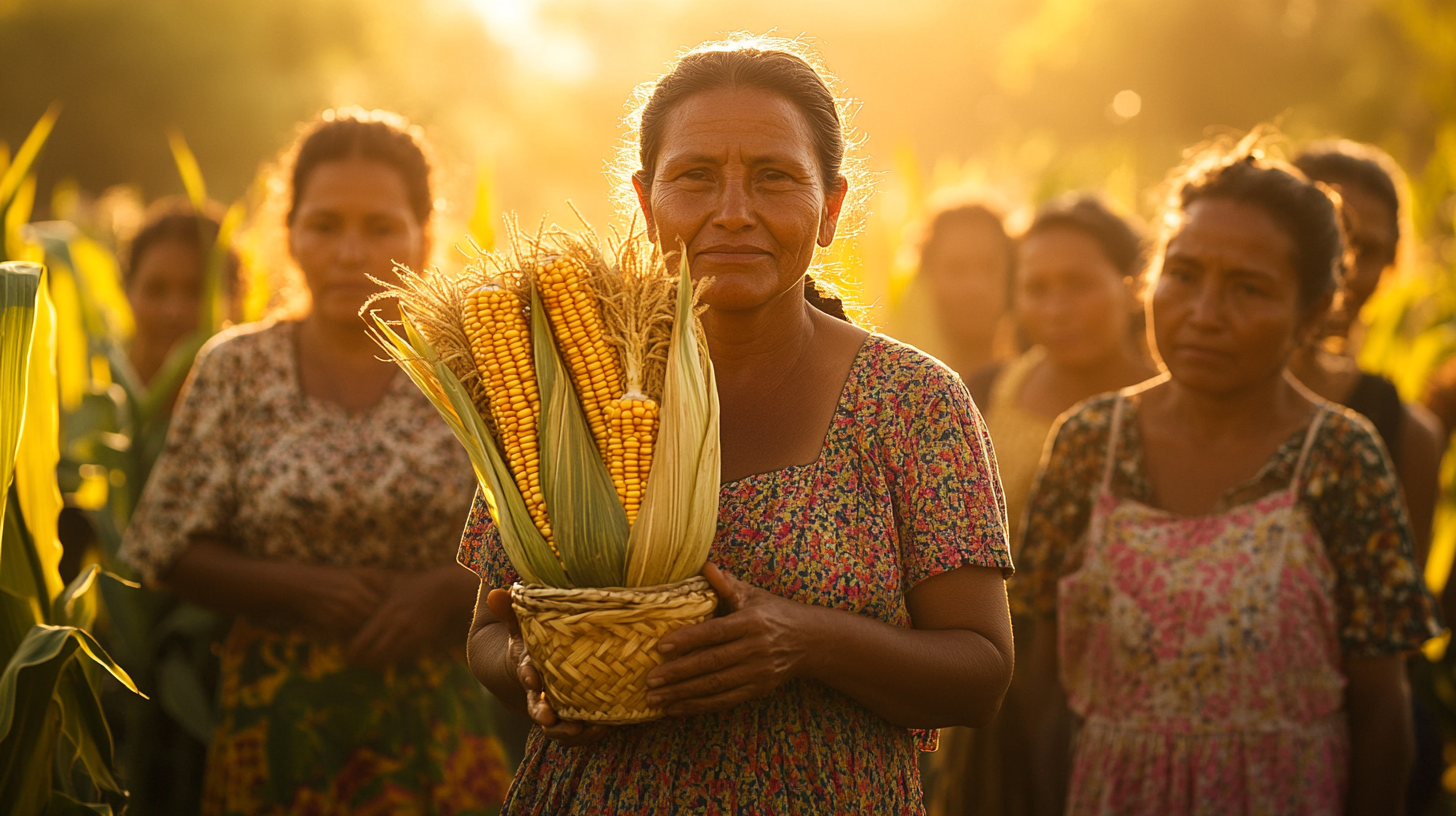 Brazilian women in traditional clothes with corn husk vase.