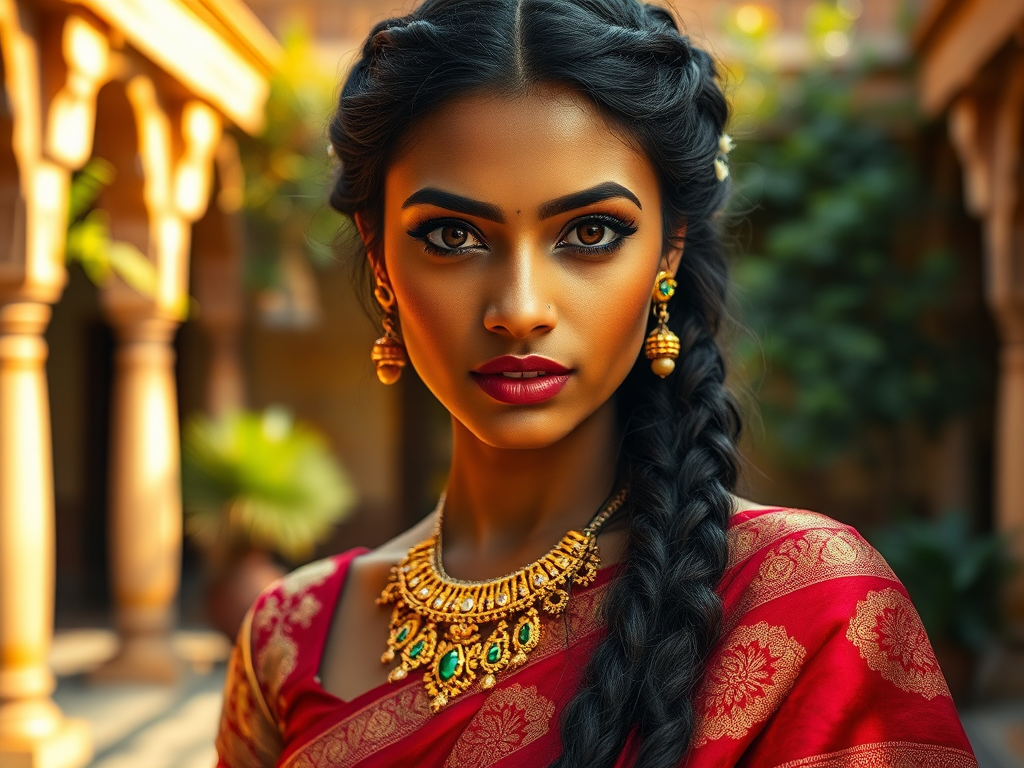 Breathtaking Indian woman in traditional attire in Indian palace.