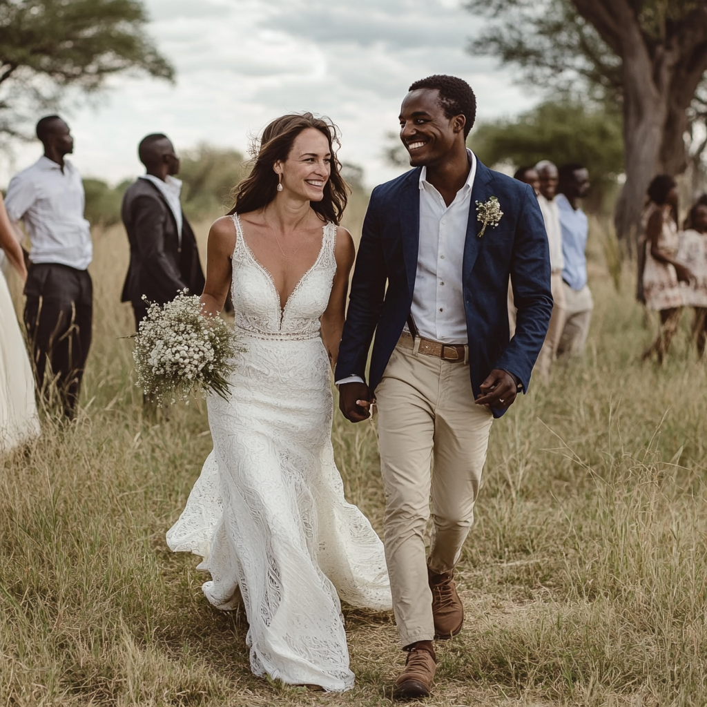 Bride and groom walking in Botswana, happy image.