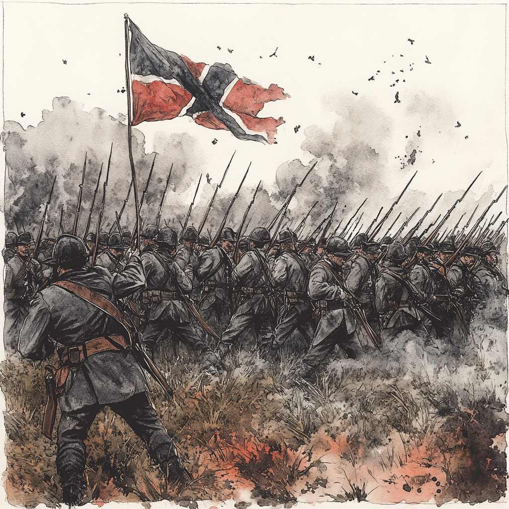 Brigade of confederate soldiers in gray and crimson.