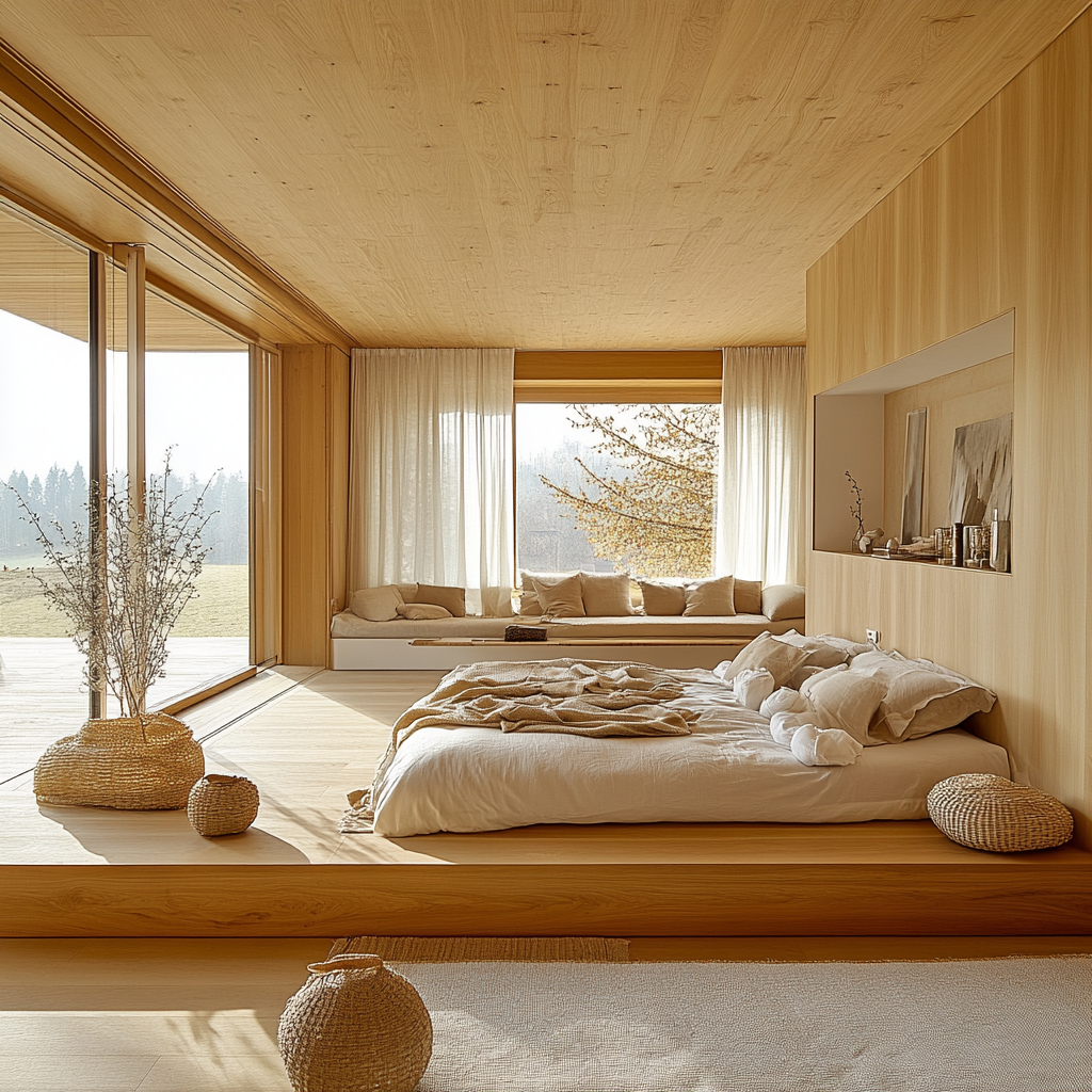 Bright, airy master bedroom with light wood materials.