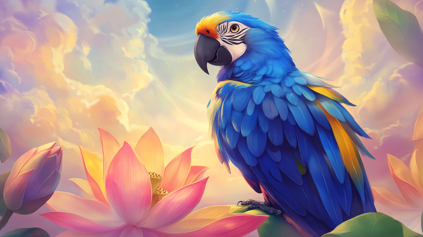 Bright, graceful Hyacinth Macaw Bodhisattva perched on lotus.