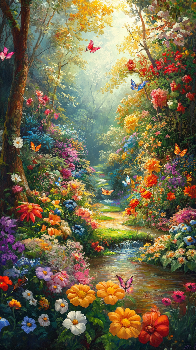 Bright, magical garden with colorful flowers and butterflies fluttering.