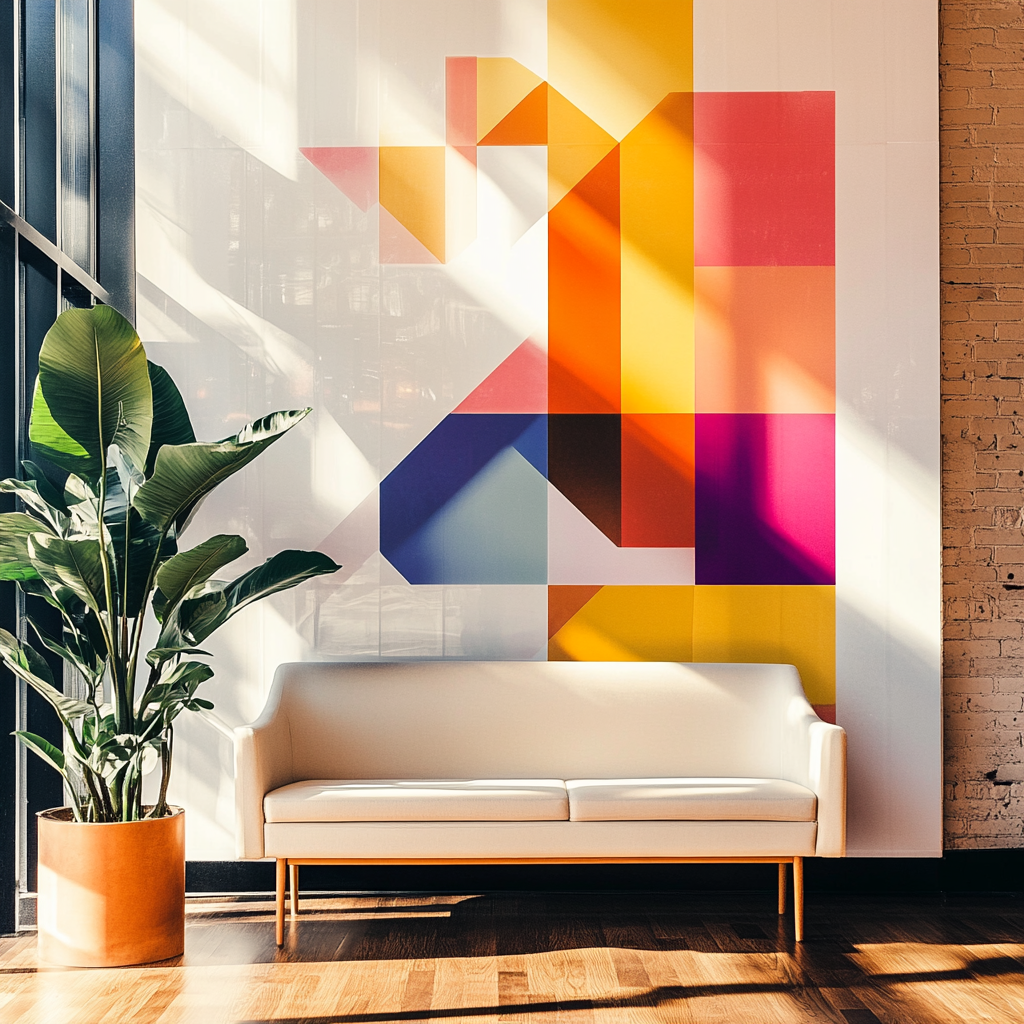 Bright, modern office with geometric vinyl wall print.