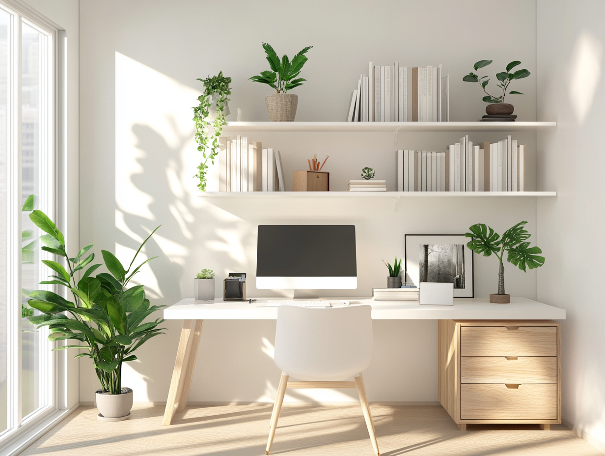 Bright & Organized Home Office Workspace with Natural Light