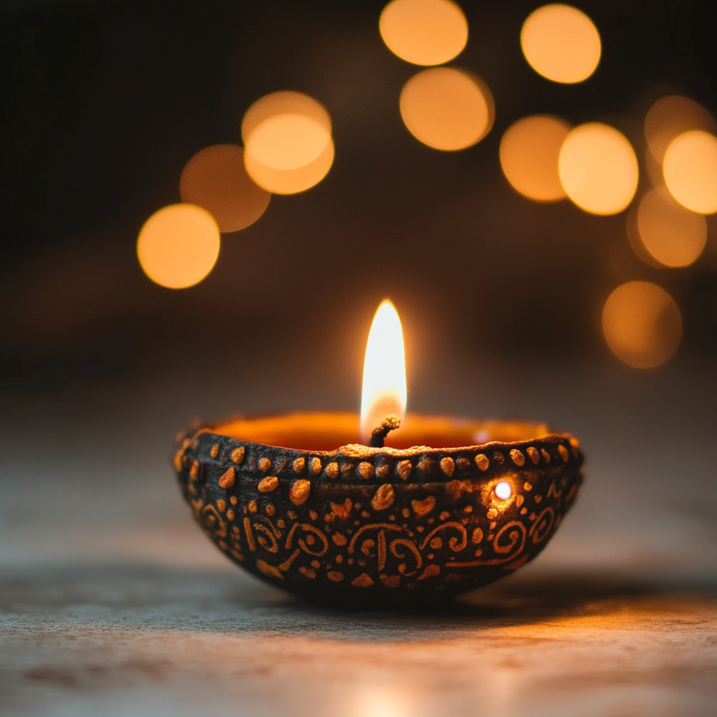 Bright Diwali Greeting with Diyas and Lights on Background