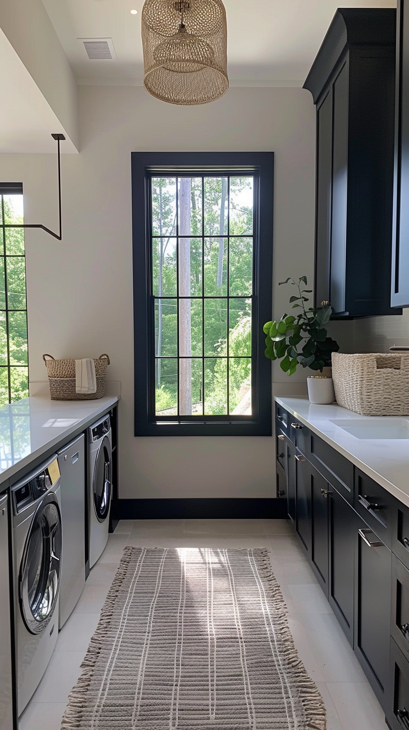 Bright Large Laundry Room with High Ceilings and Navy Blue Cabinetry