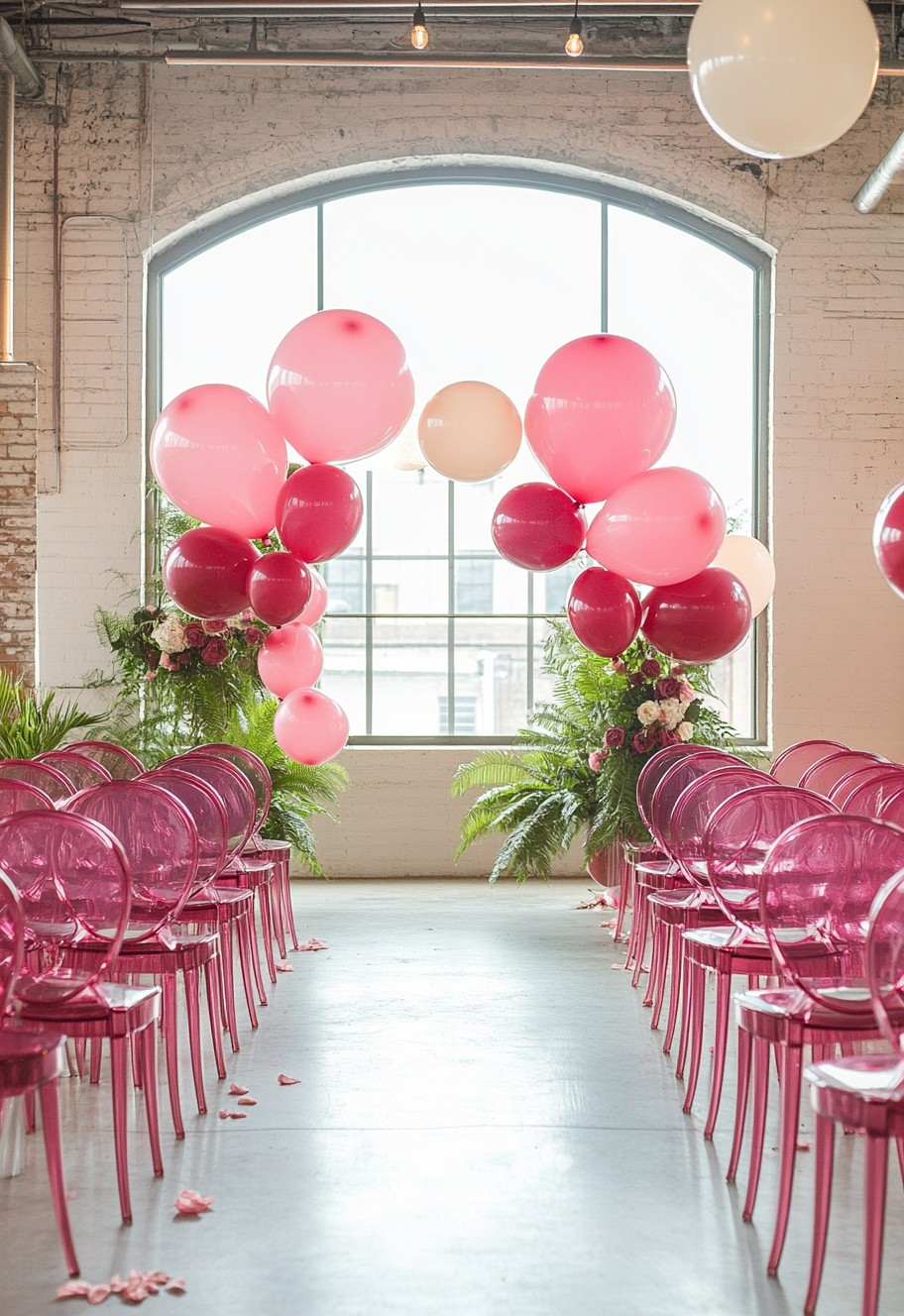 Bright Pink Balloons And Maroon Decor Wedding Ceremony