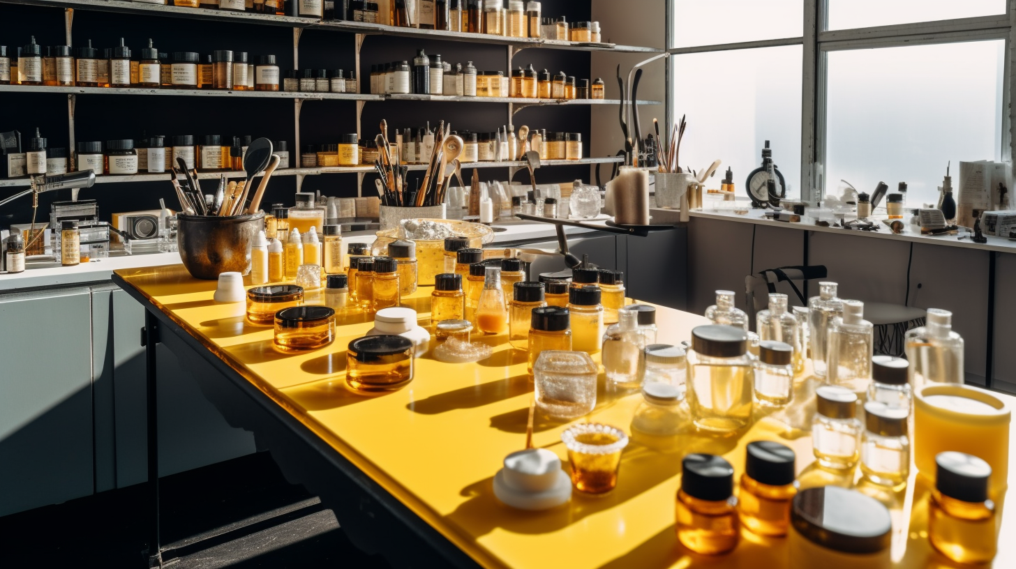 Bright Skincare Lab with Yellow Walls and Black Table