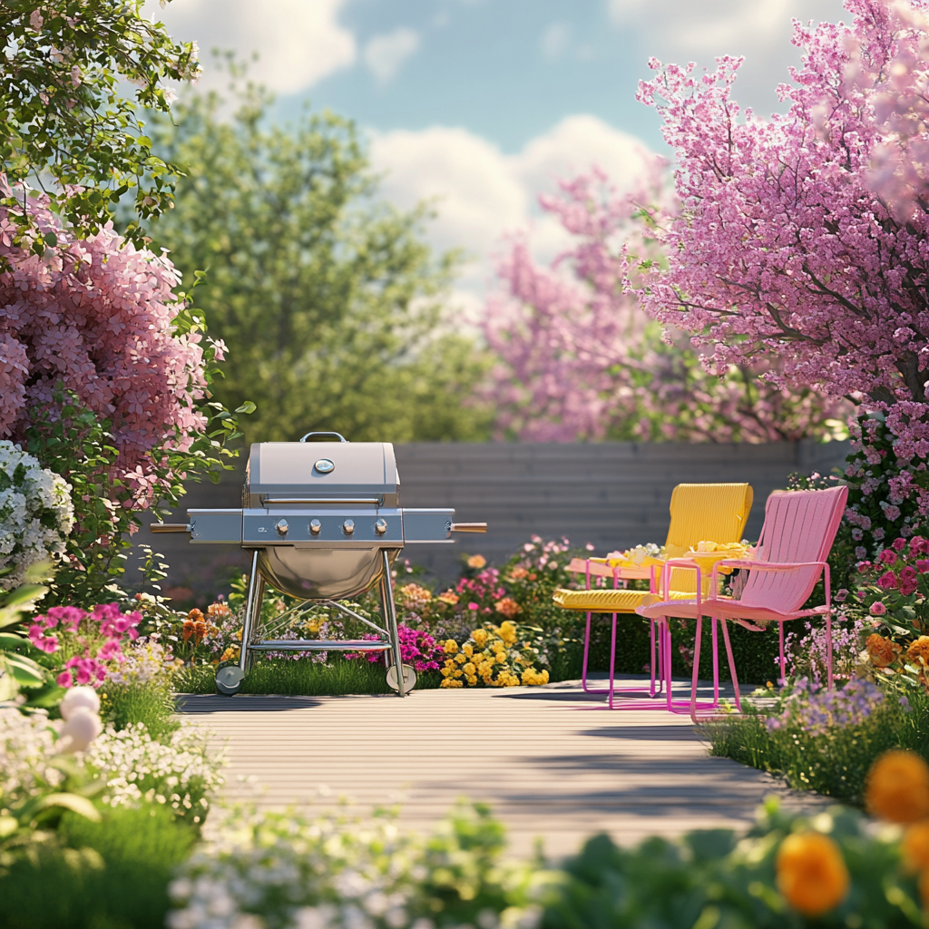 Bright Spring Backyard Scene with Kettle BBQ & Chairs