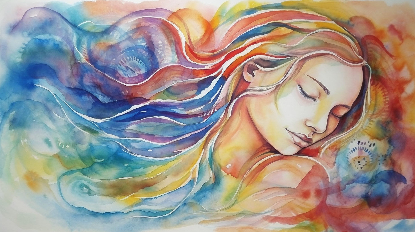 Bright Watercolor Art with Woman Meditating Mystically