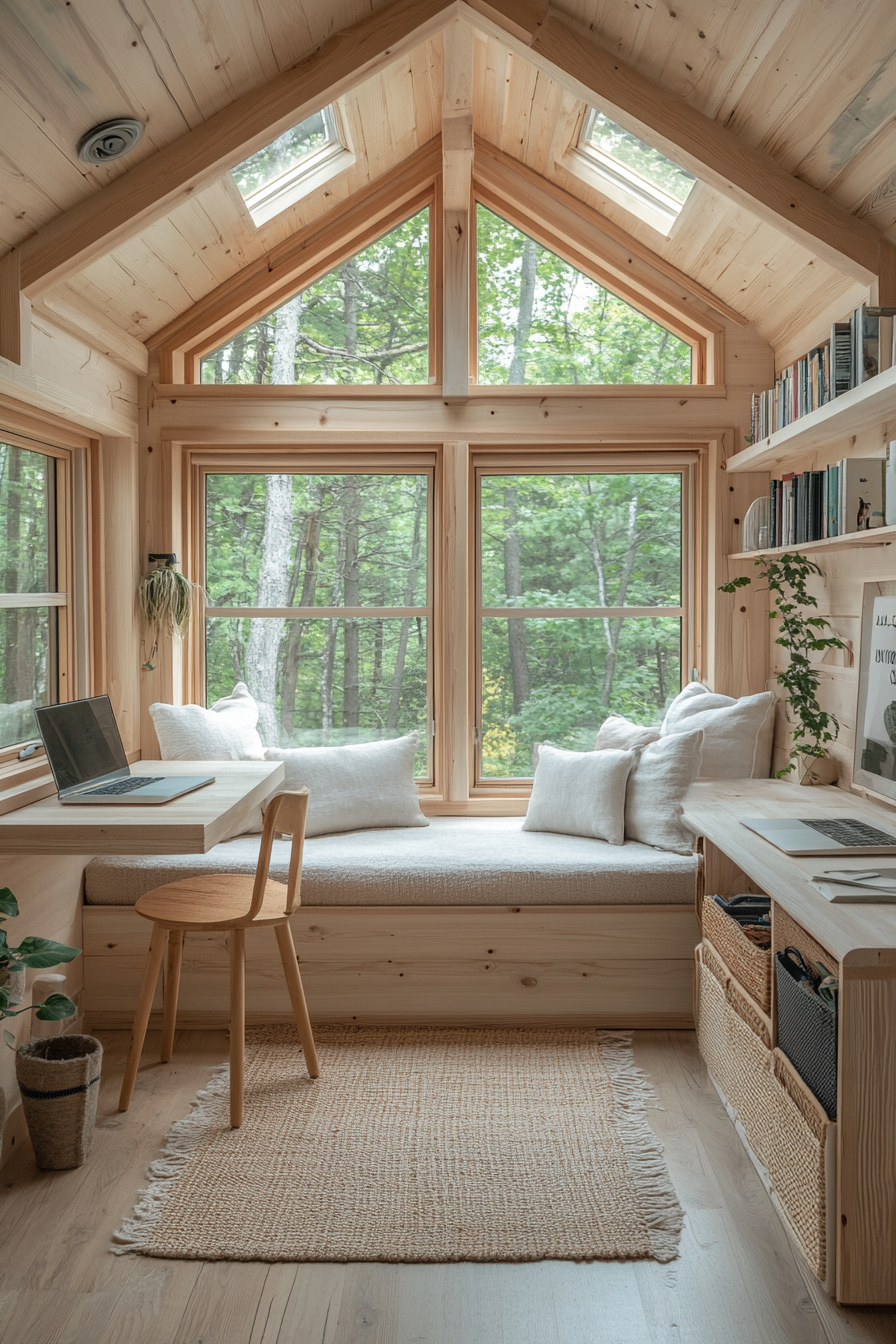 Bright and airy studio in small cabin setting.