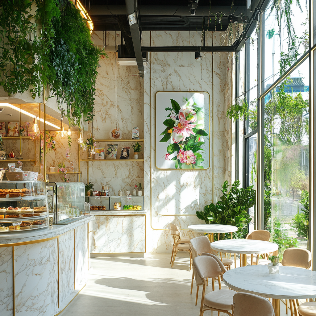 Bright and modern cafe interior with nature-friendly design.