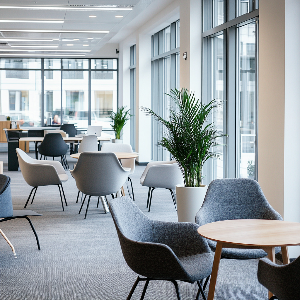 Bright and welcoming office open space with gray chairs