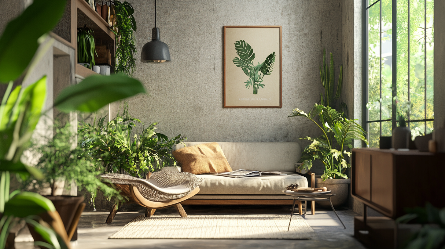 Bright apartment room with plants and natural light.