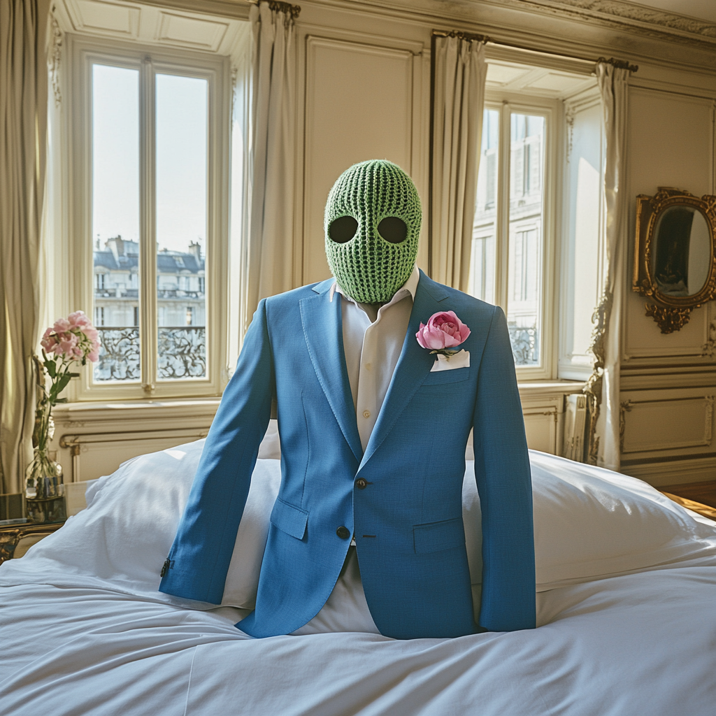 Bright blue suit on bed with ski-mask.