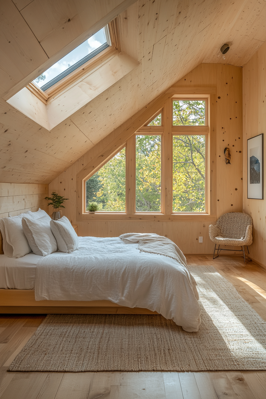 Bright cabin bedroom with skylights and wide windows.