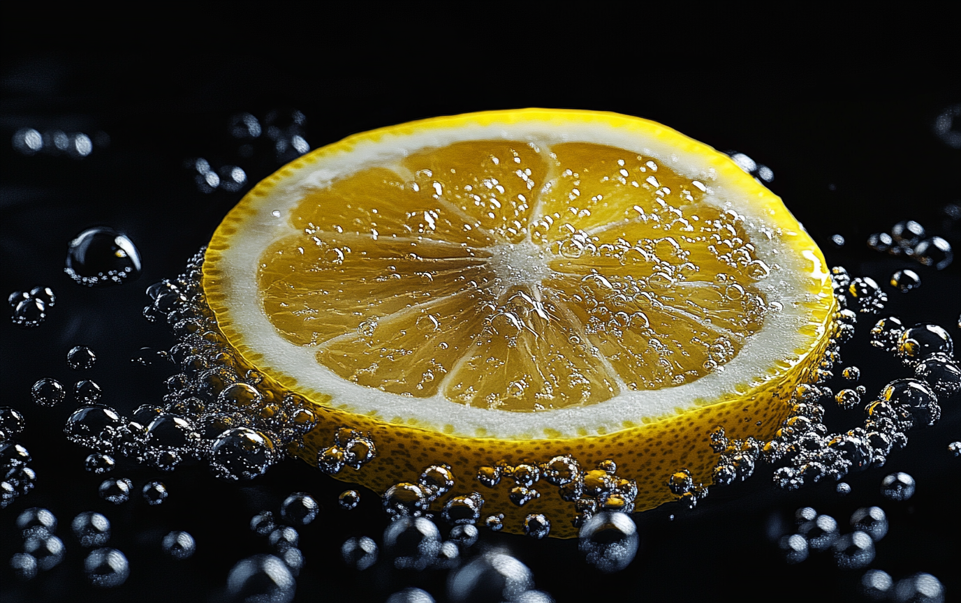 Bright citrus lemon slice in sparkling water, cinematic lighting.