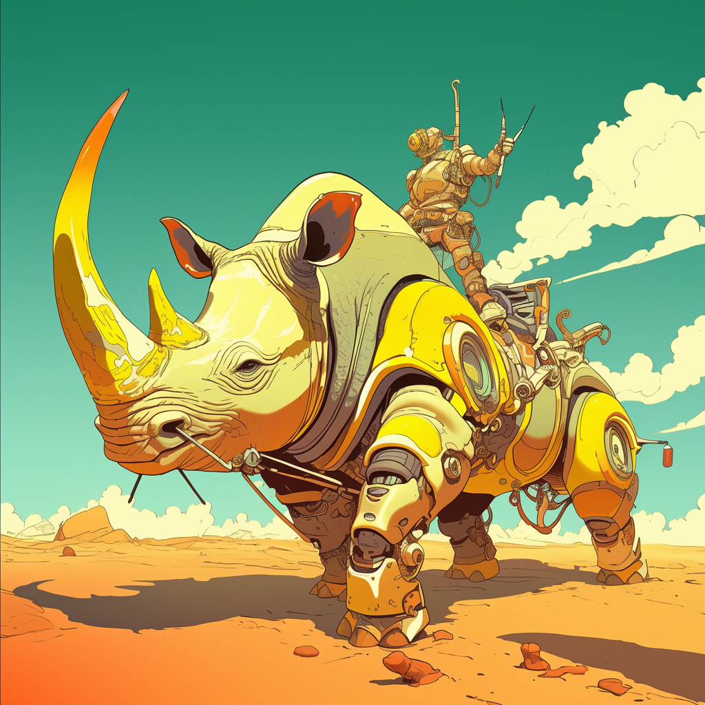 Bright colored rhinoceros robot in cyberpunk desert.