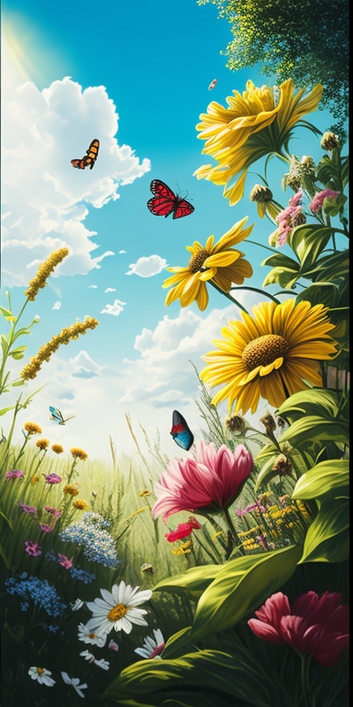 Bright garden with flowers, grass, butterflies, bees, blue sky.