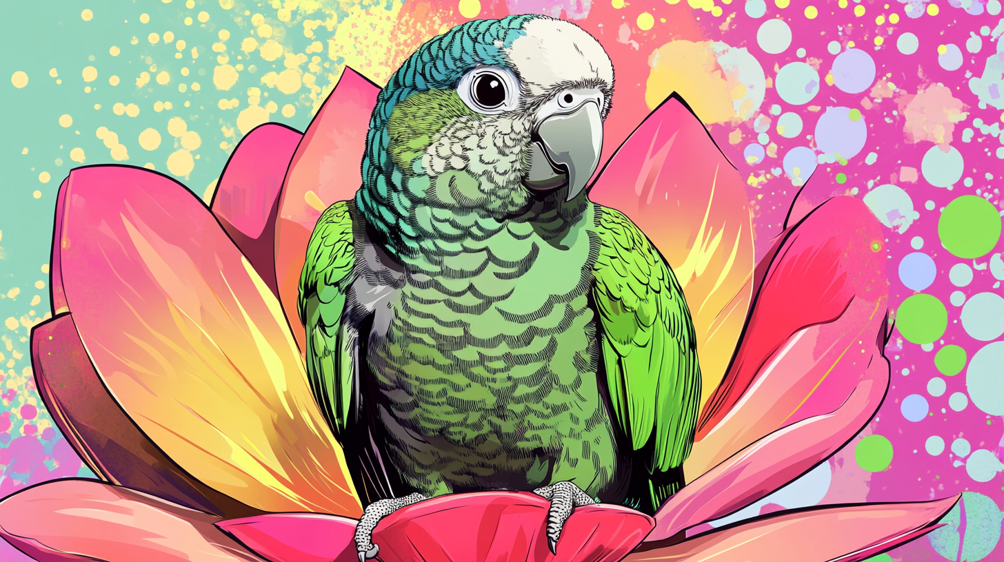 Bright green Quaker parrot as Bodhisattva on lotus flower.