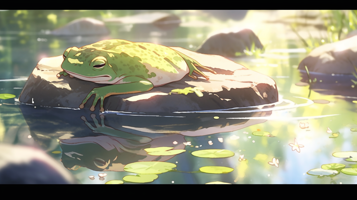 Bright green frog leaping on rock in pond