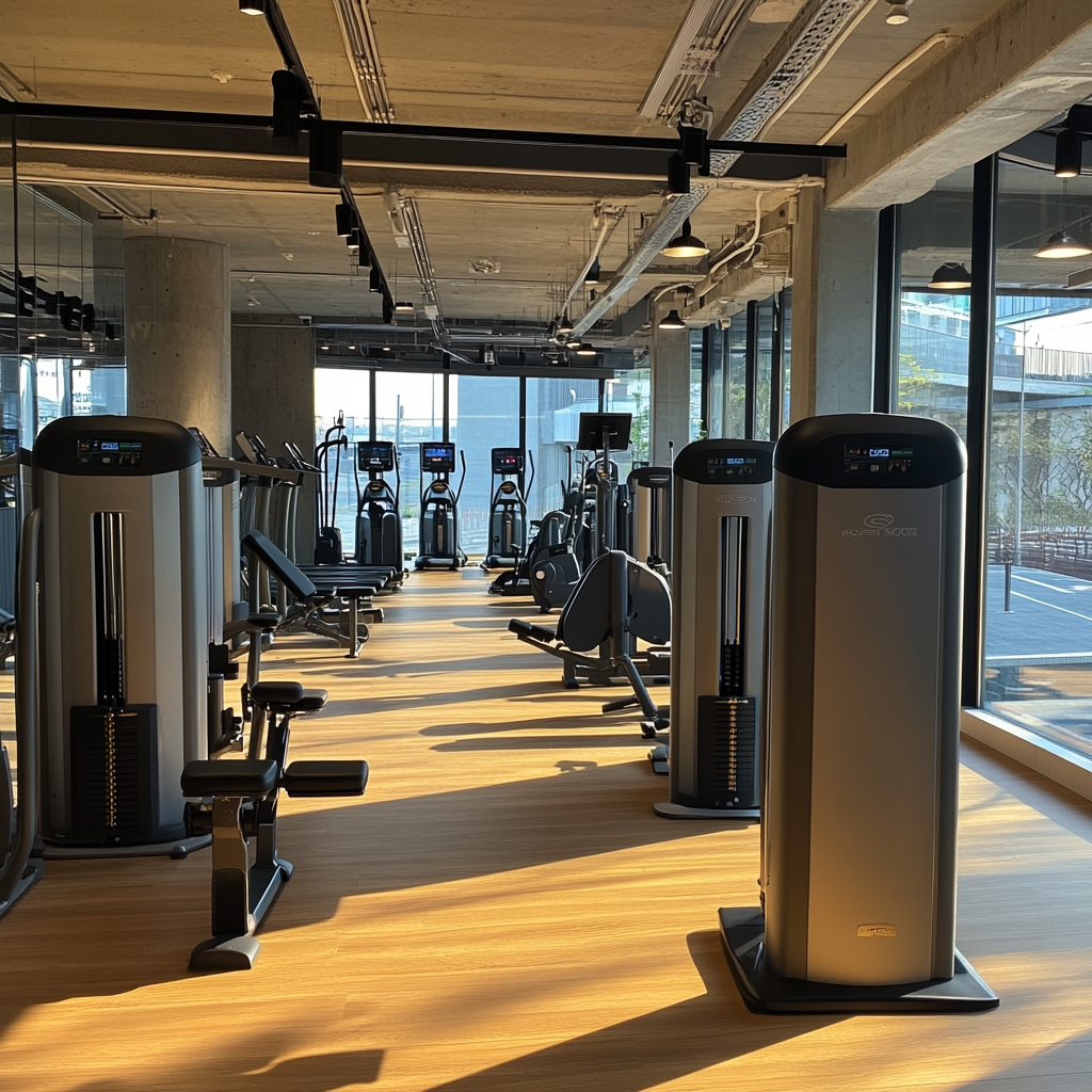 Bright gym with various equipment for aerobic and muscle exercises.