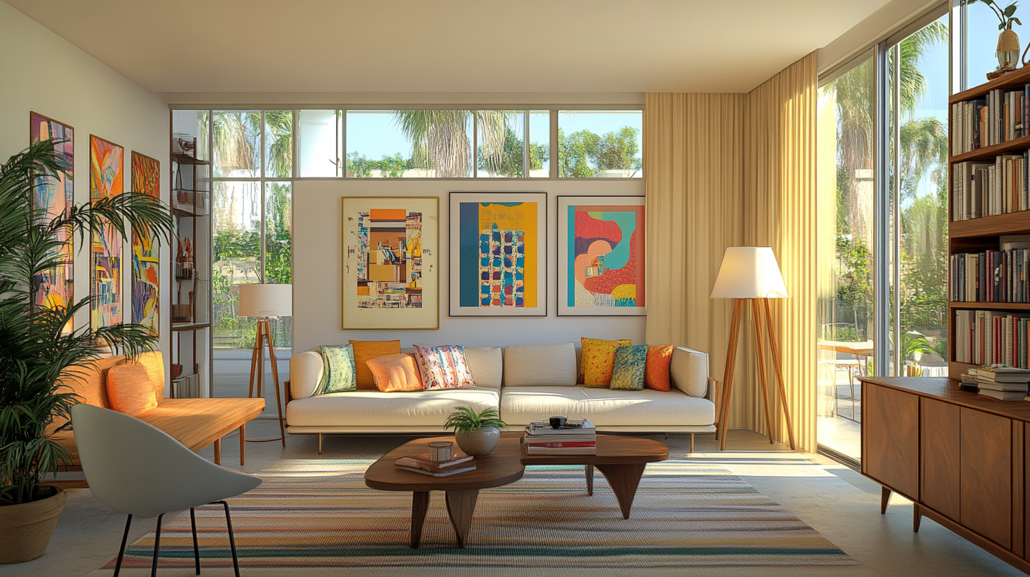 Bright living room with large windows and colorful decor.