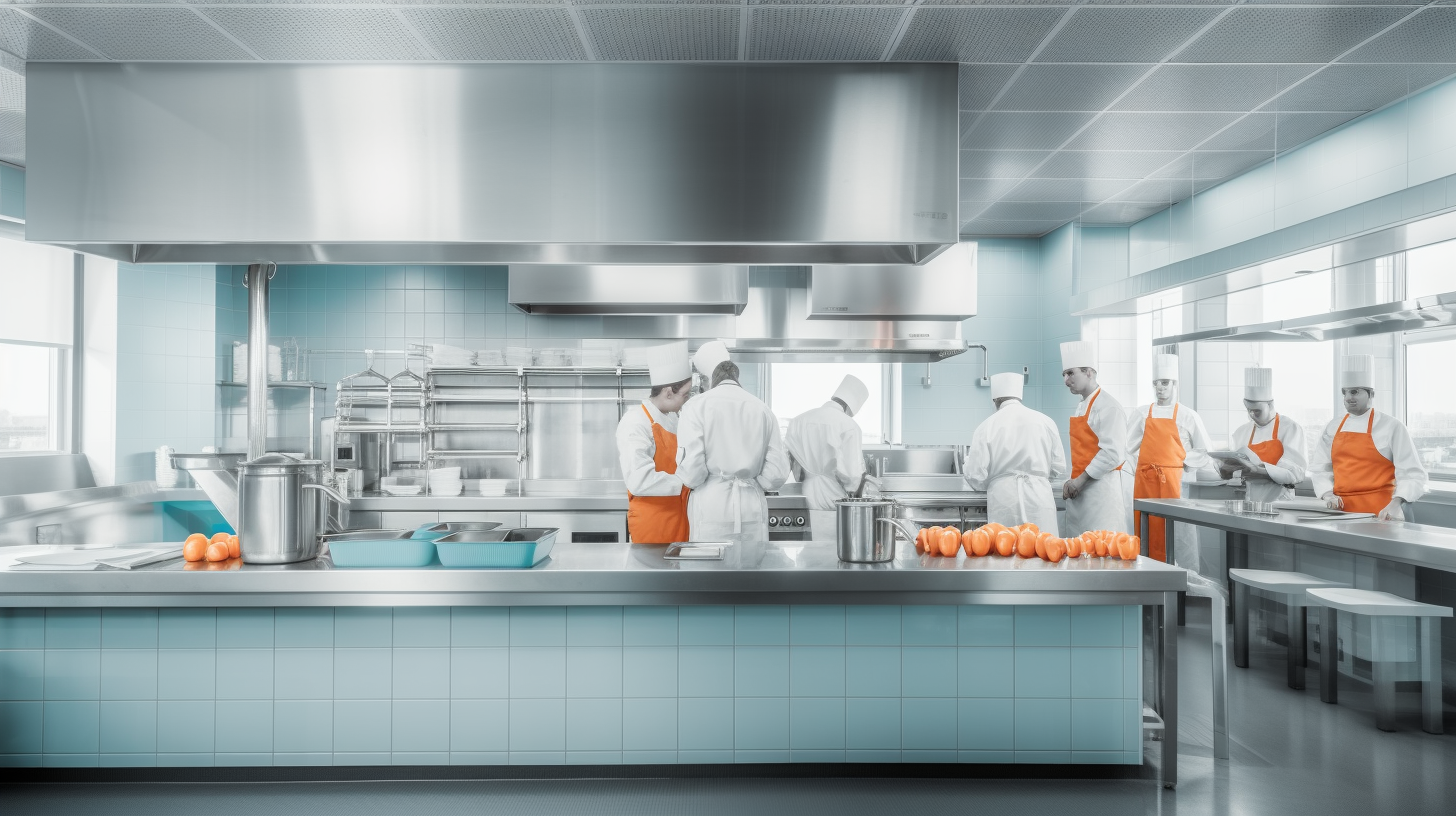 Bright modern kitchen with men and women working together.