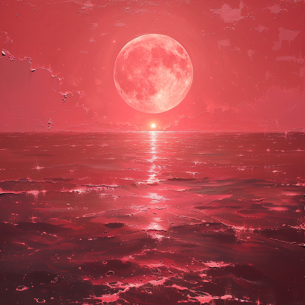 Bright moon shines on calm sea; scattered red lines.