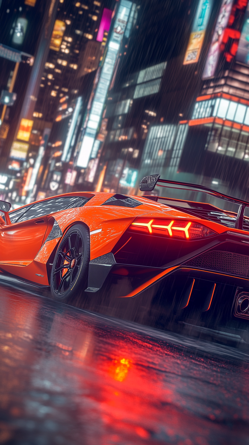 Bright orange Lamborghini Aventador SVJ racing in futuristic city.