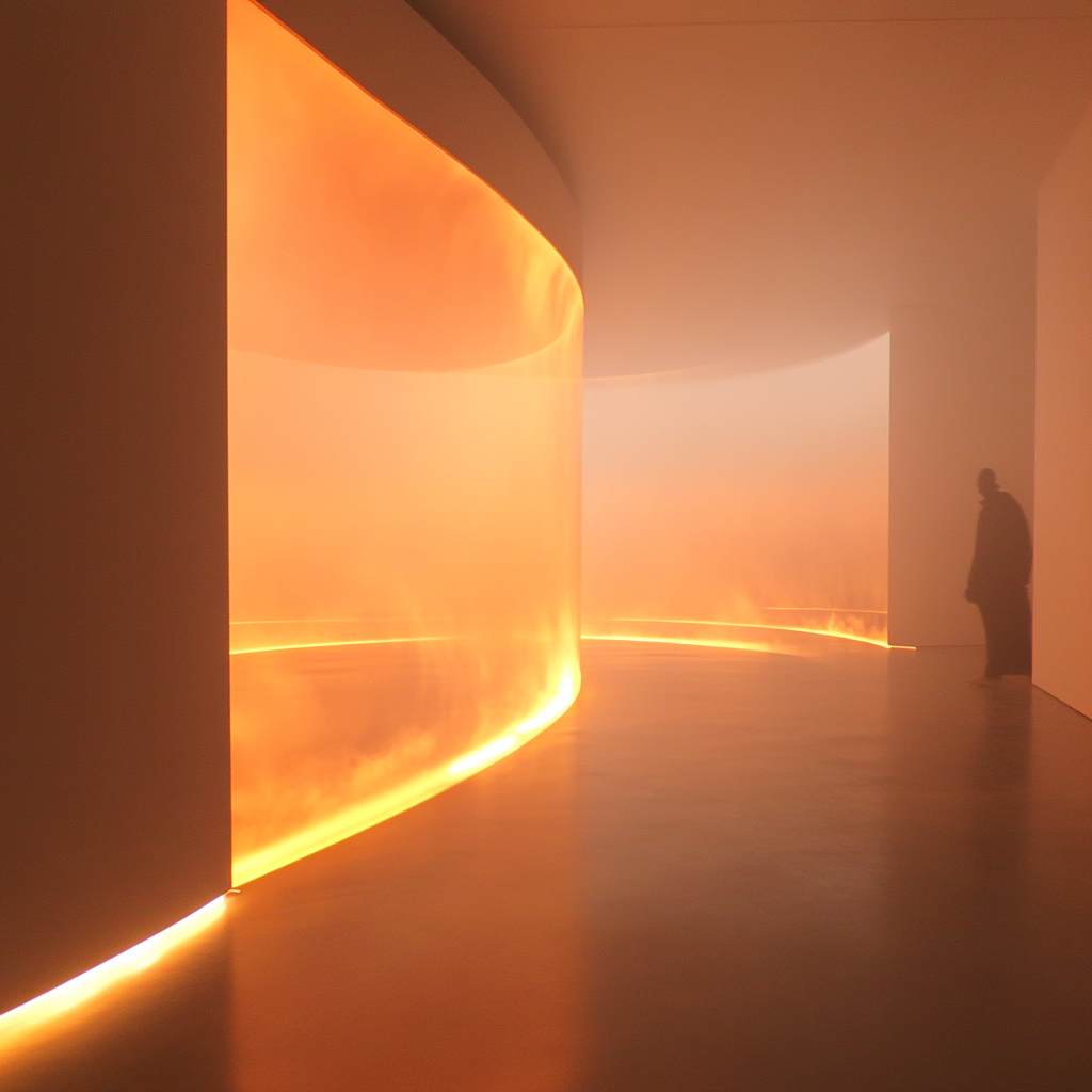 Bright orange light cutting through smoke-filled museum room.