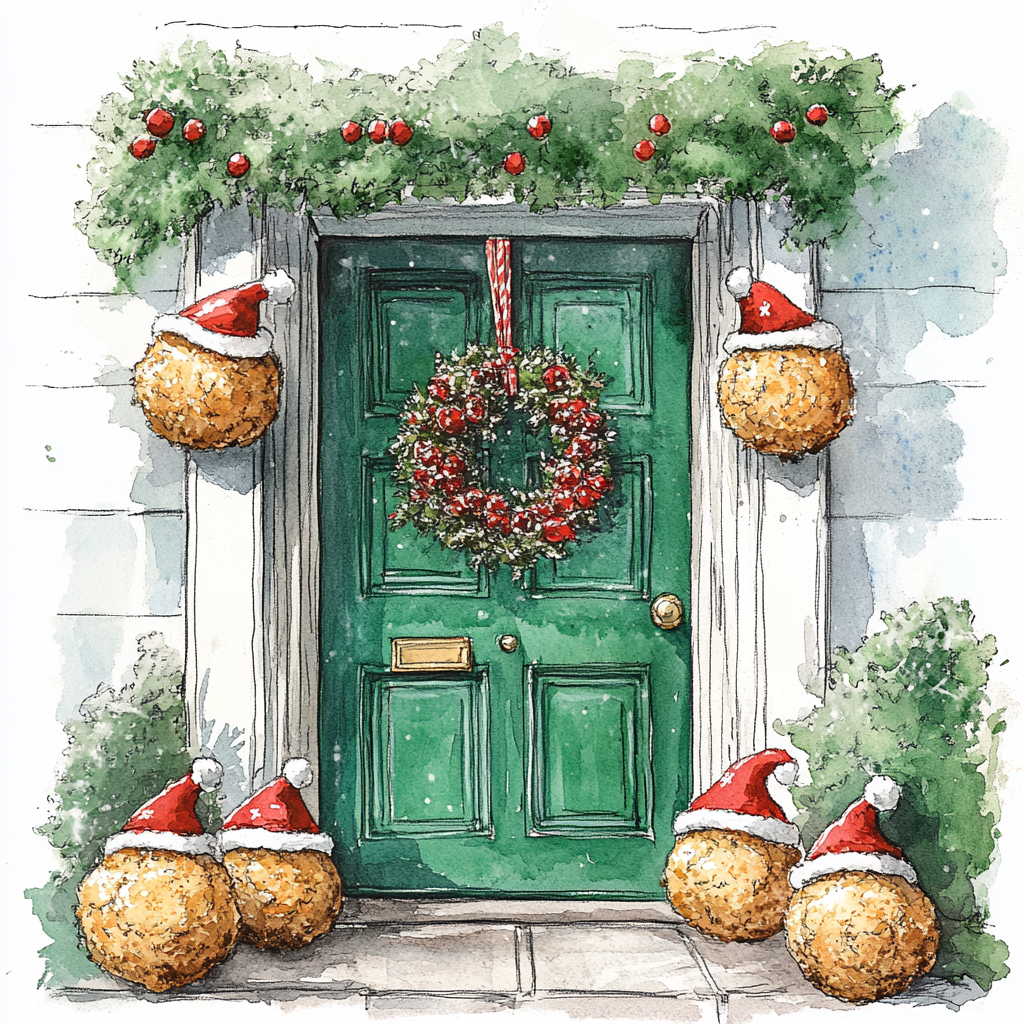 Bright red and green Christmas front door illustration.