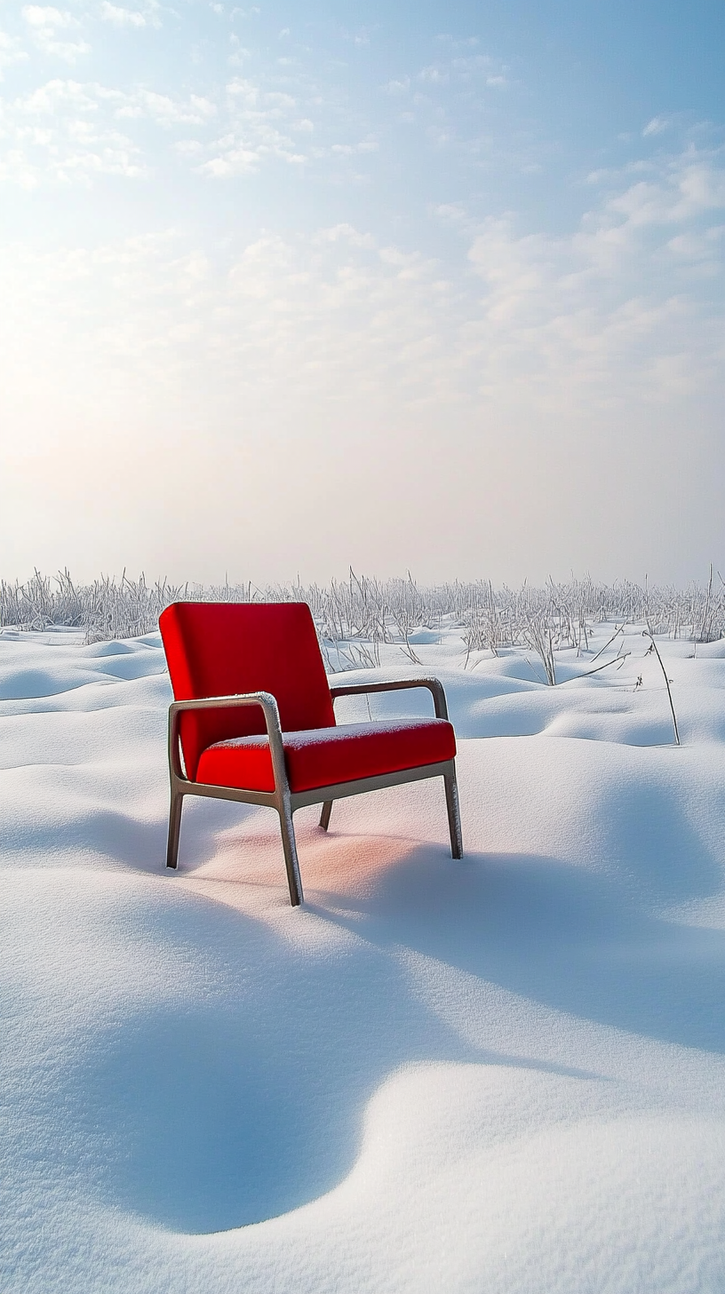 Bright red chair in snowy field, inviting and tranquil.