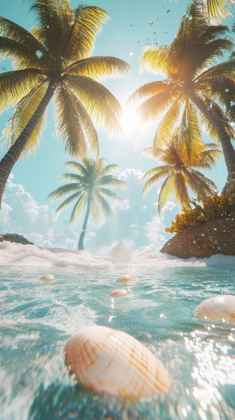 Bright sun, trees, water, foam, shells in high-res design, AR 9:16.