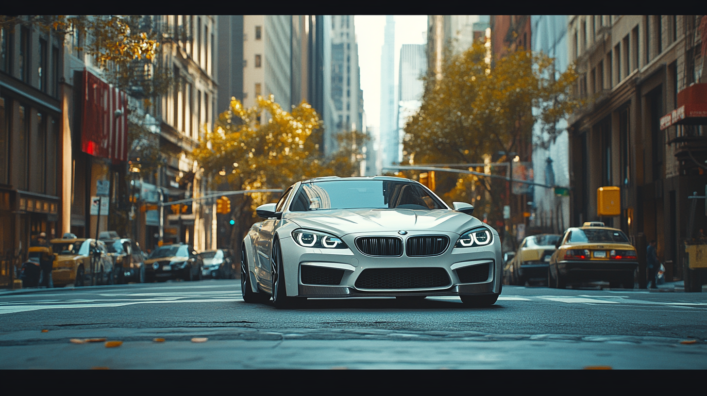 Bright white BMW on city street, expertly photographed by Fincher.