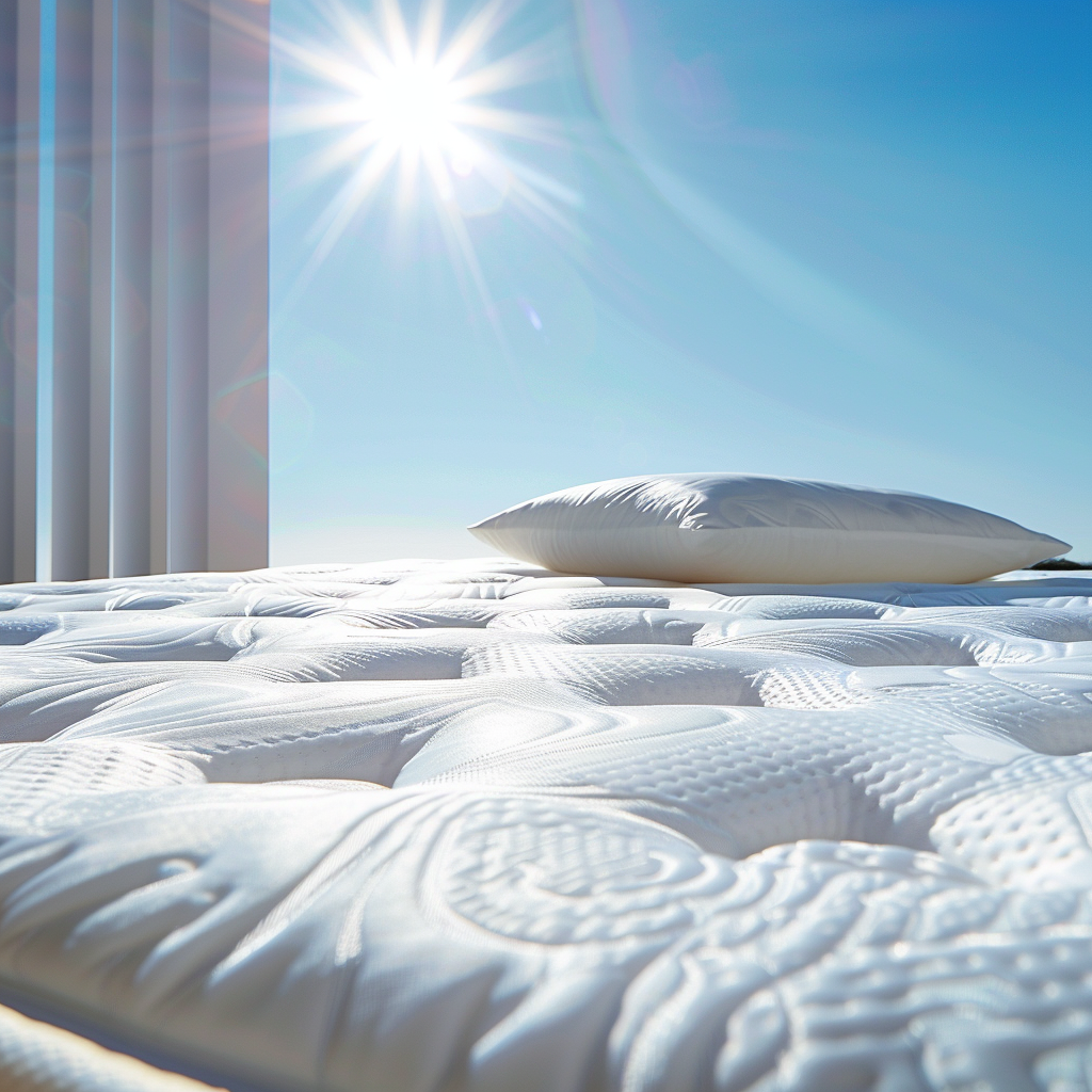 Bright white mattress captured from low angle with sunlight