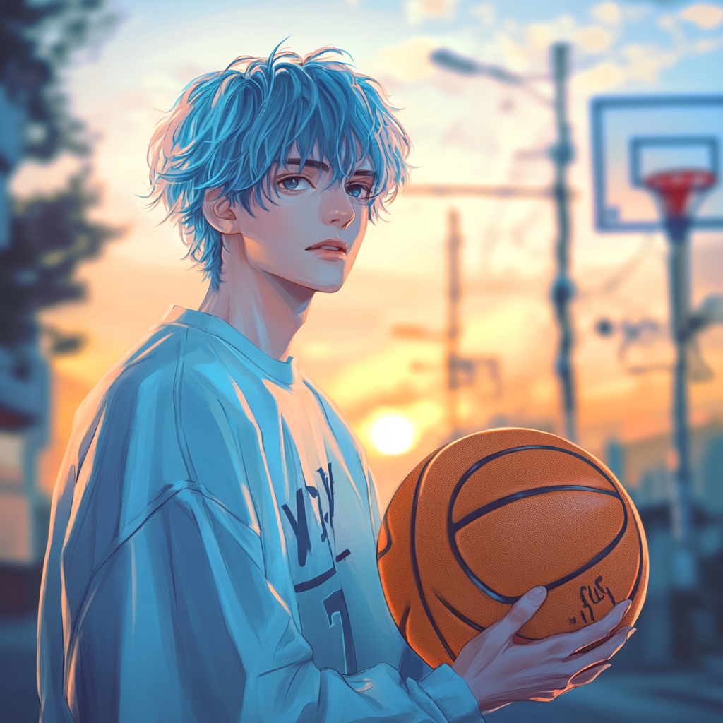 Bright young man holds basketball in anime setting.