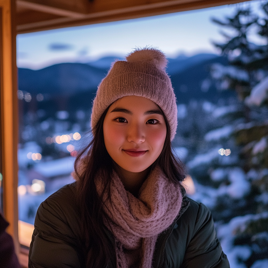 Brightly smiling Korean woman in snowy mountain cabin