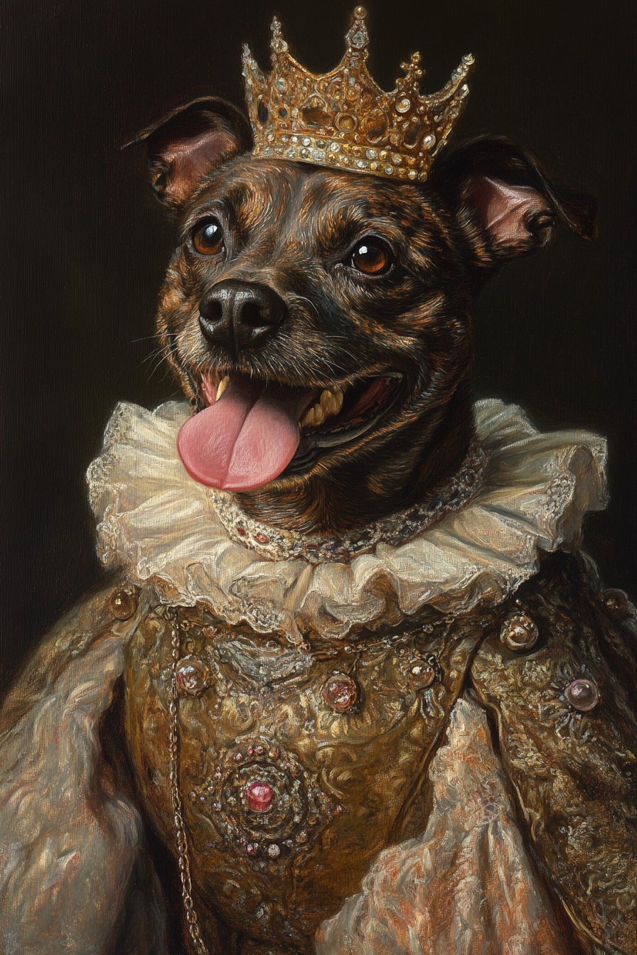 Brindle labrador terrier mix wearing renaissance dress painting.