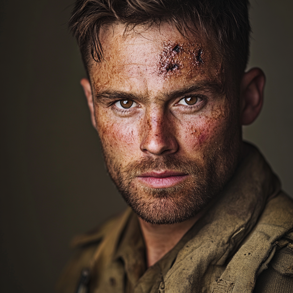 British Soldier with Intense Brown Eyes and Scars