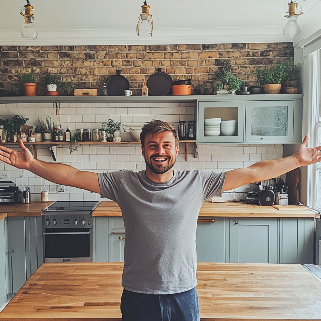 British man happily standing in renovated kitchen, natural light.