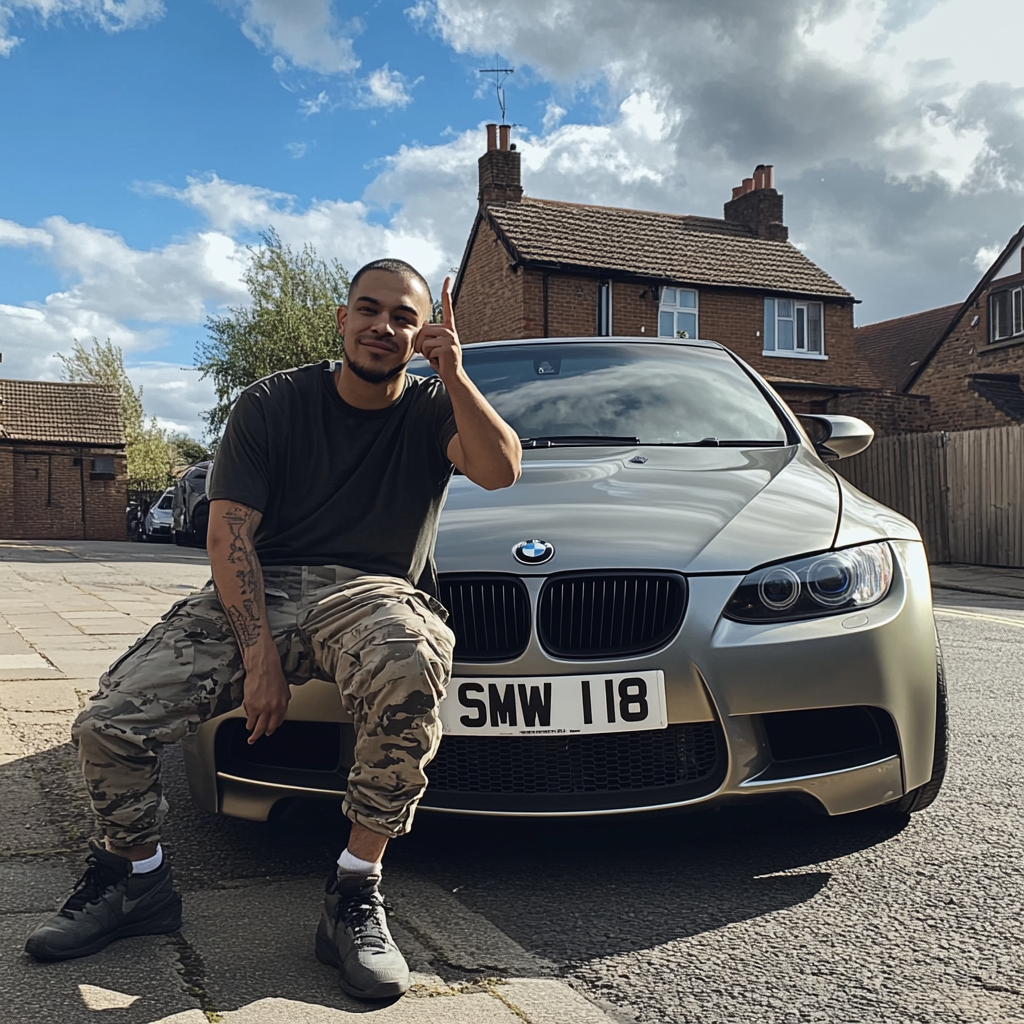 British man in cargo pants next to BMW car.