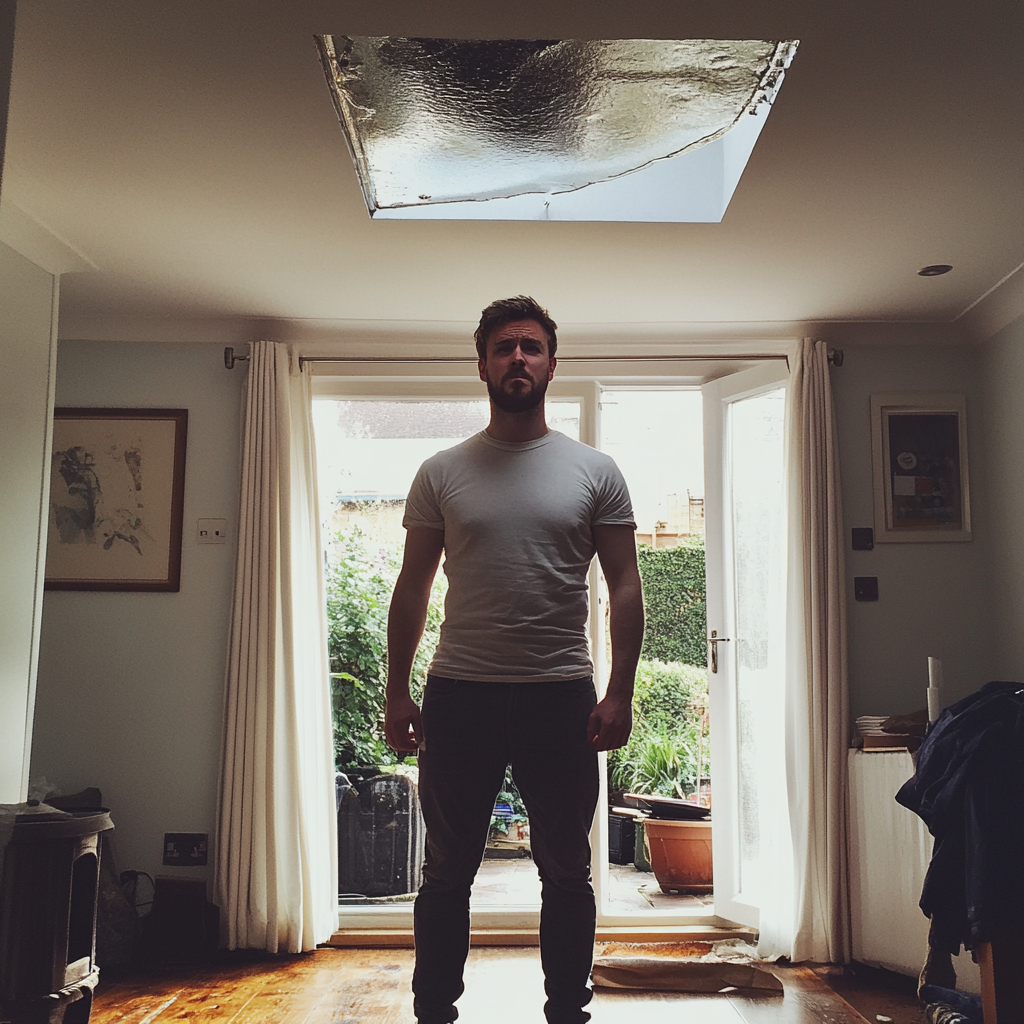 British man in house worried about roof leak.