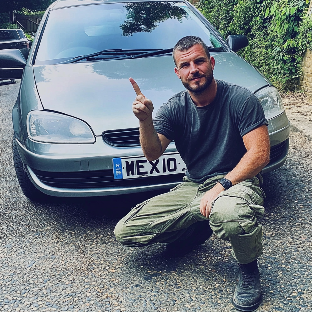 British man in photograph with his Peugeot car.